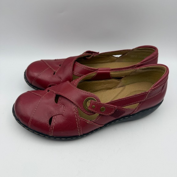 Clarks Shoes - Clarks Mary Jane Flats Womens 9.5 Red Leather Cutout Strappy Comfort Casual